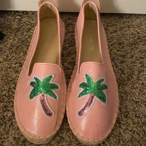 Pink sparkly palm tree slip on shoes size 8